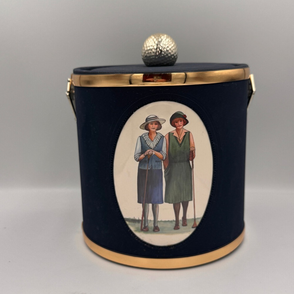 Vintage Golf Ice Bucket Navy Blue Gold Trim 1920s Flapper Golfers Made in USA